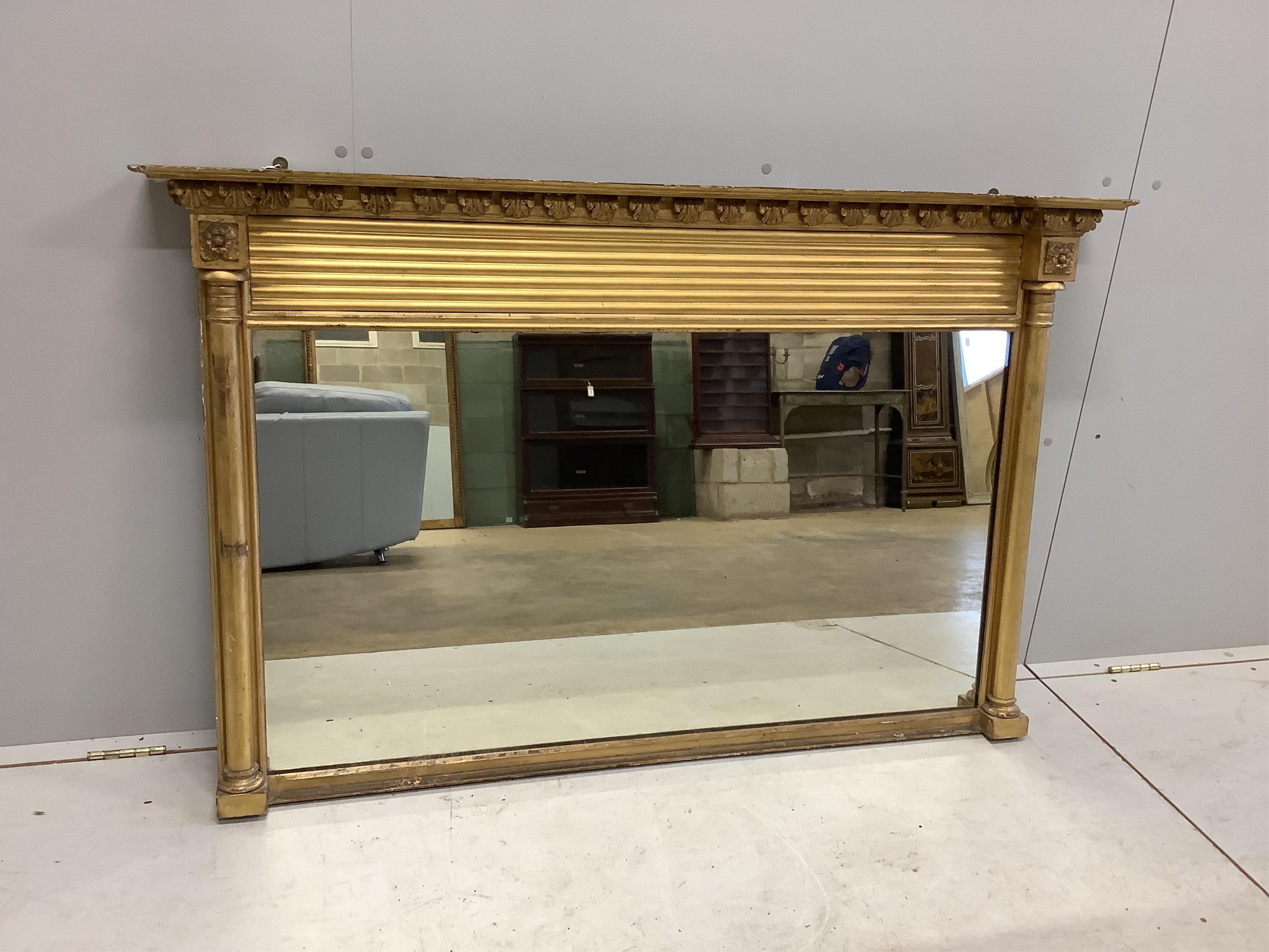 A Regency giltwood and composition overmantel mirror, width 139cm, height 87cm. Condition - fair to good